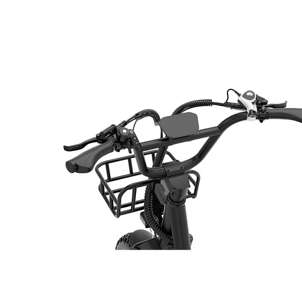 Close-up of a KOOLUX X7 Cargo Electric bicycle handlebar with basket on a white background