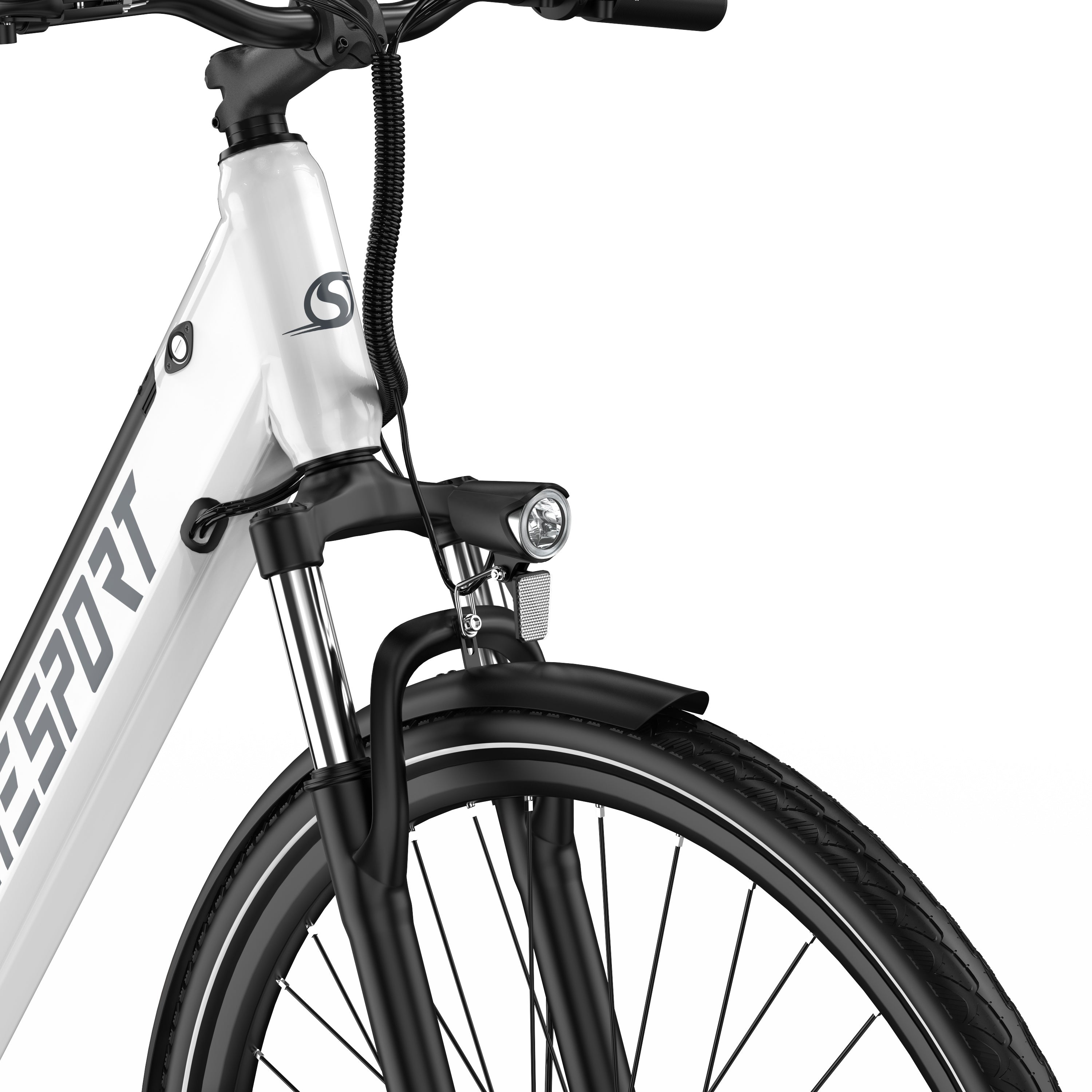 Close-up of a ONESPORT OT12 Urban Electric bicycle with a white frame and black components on a white background