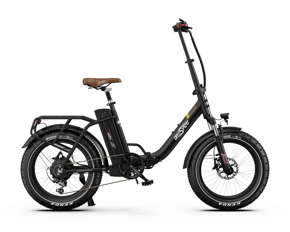 Onesport OT16 MAX Folding Electric Bike with brown seat on a white background - Black