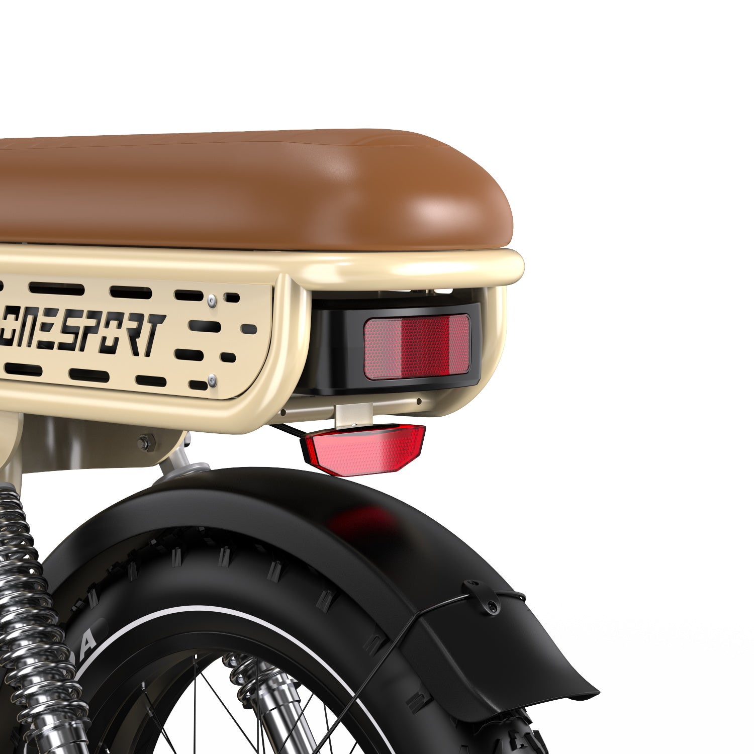 Close-up of a motorcycle seat and rear lights with 'Onesport' branding on a white background.