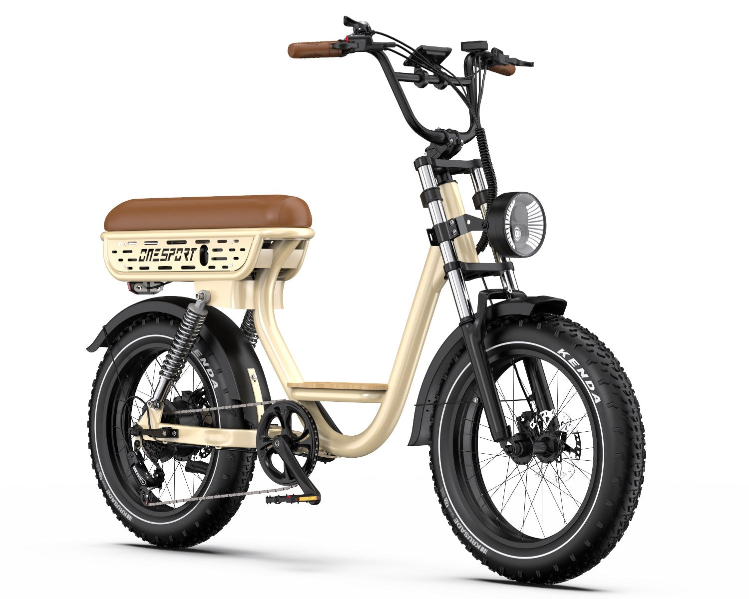 Onesport W77 Electric Bike - Beige  with a brown seat on a white background