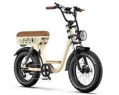 Onesport W77 Electric Bike - Beige  with a brown seat on a white background