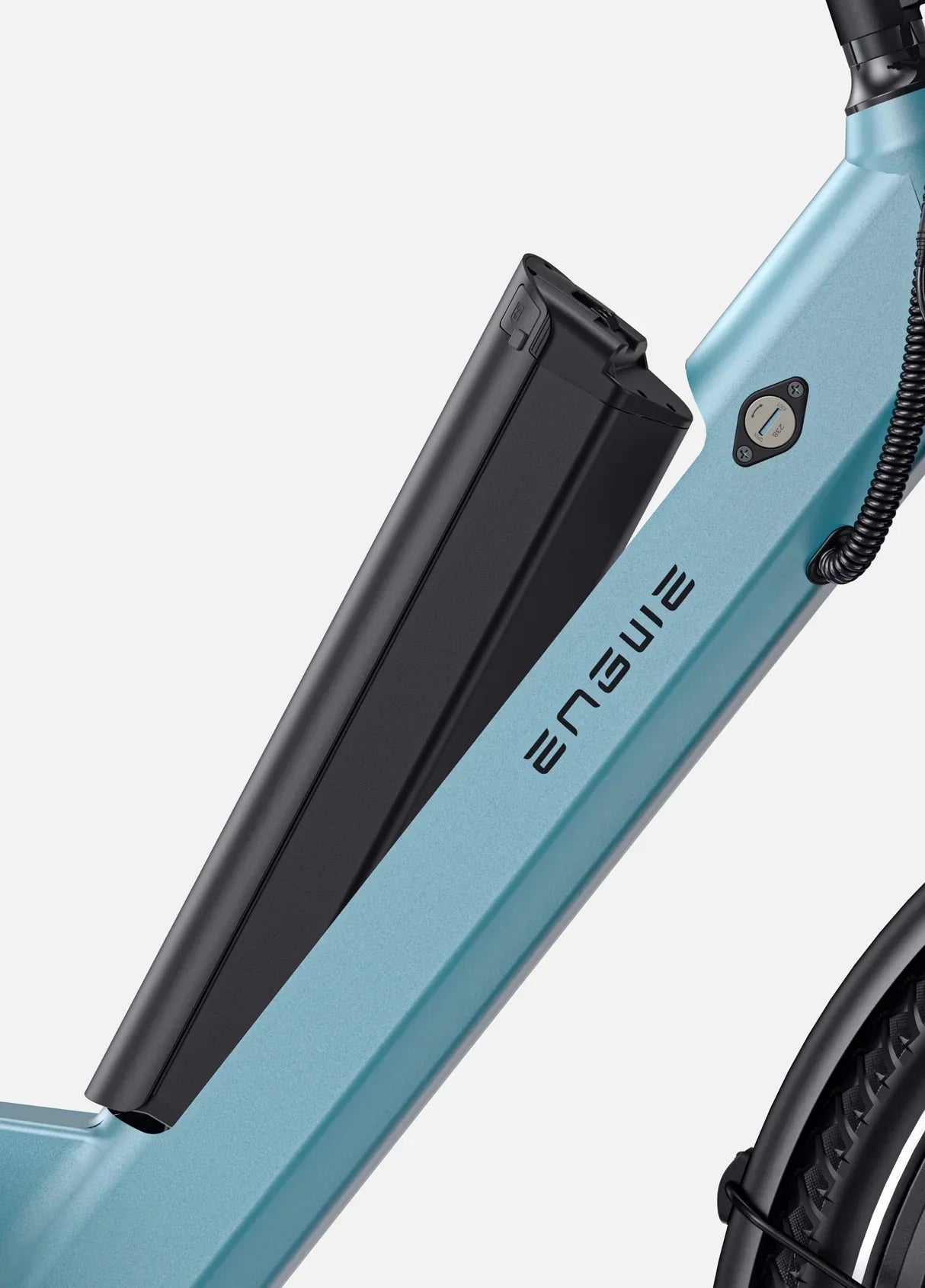 Close-up of a blue bicycle with a black battery pack labeled 'ENGWE' on a white background.