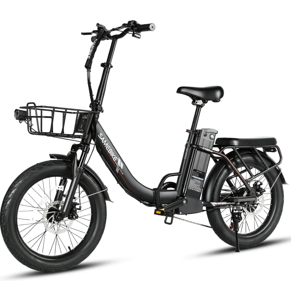 SAMEBIKE CY20 Pro Electric Bike in black with a basket on a white background