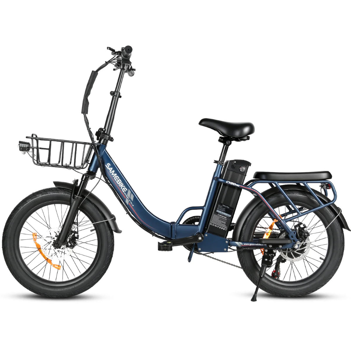 SAMEBIKE CY20 Pro Electric Bike in blue with a basket on a white background