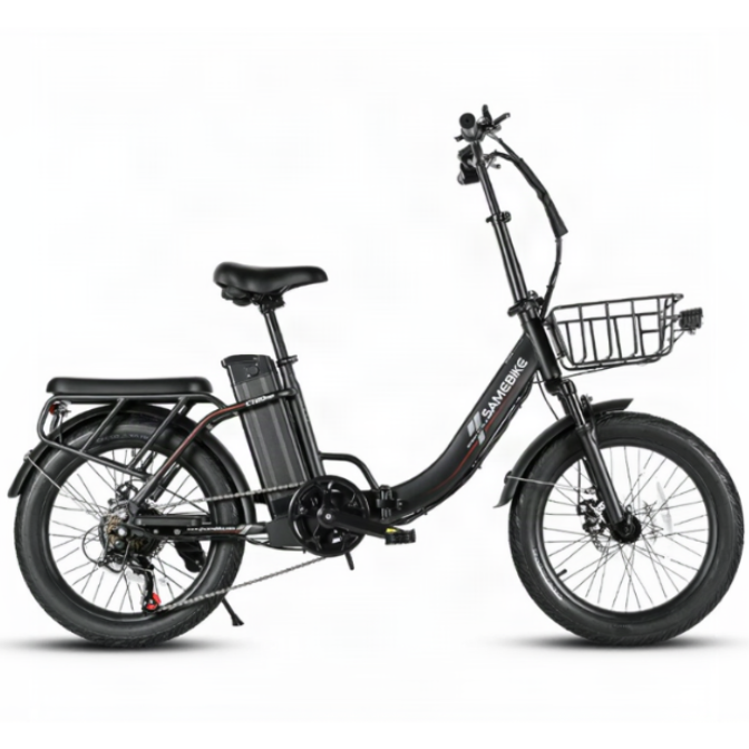 A black SAMEBIKE CY20 Pro Electric  bicycle with a front basket, rear cargo rack, and integrated battery pack, shown from a side profile on a white background.
