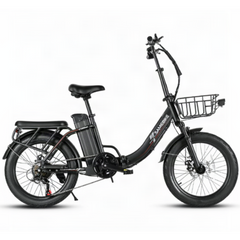 A black SAMEBIKE CY20 Pro Electric  bicycle with a front basket, rear cargo rack, and integrated battery pack, shown from a side profile on a white background.