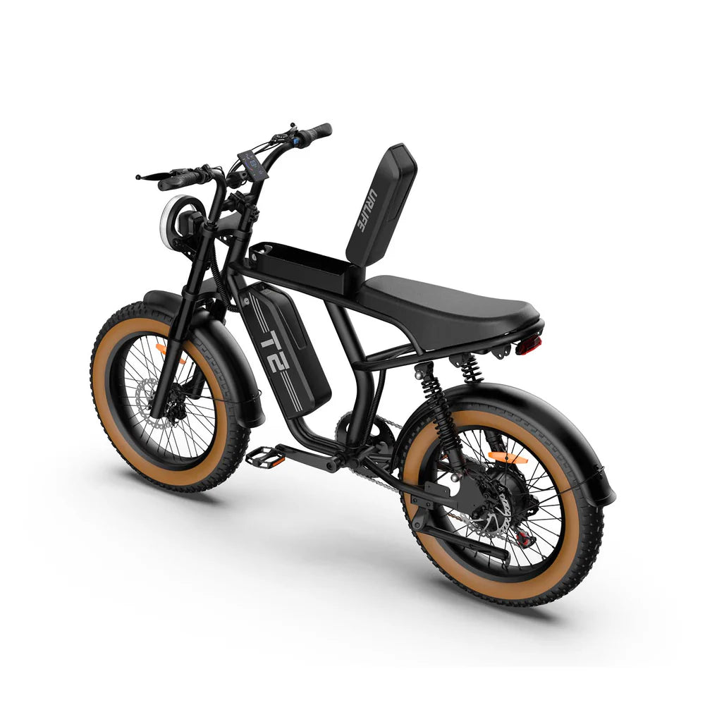 Battery Slot view of Black URLIFE T2 Off Road Electric Bike with brown tires on a white background