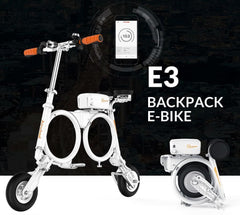 Airwheel E3 folding electric bike in white, side view and folded, with orange handlebar grips.