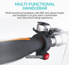 Airwheel E3 electric bike handlebar with bell, phone holder, and Intelligent EBS, close-up view