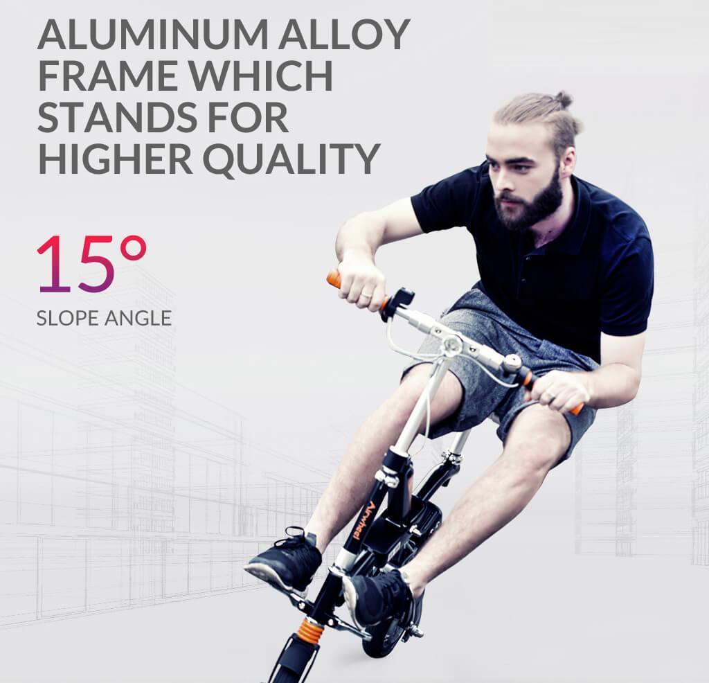 Airwheel E6 folding electric bike side view in use, black frame, city background