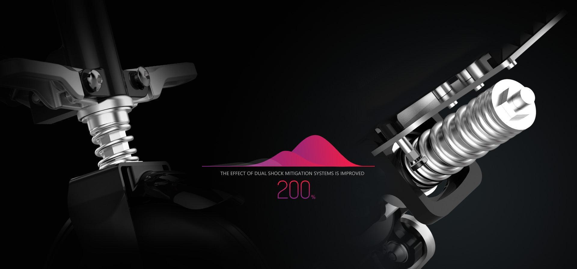 Dual shock mitigation system close-up on folding electric bike, black and silver components