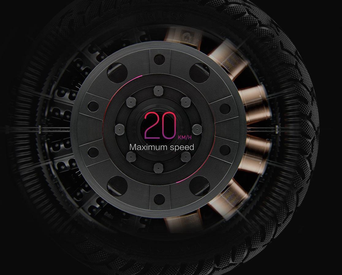 Airwheel E6 folding electric bike motor close-up showing 20 km/h maximum speed