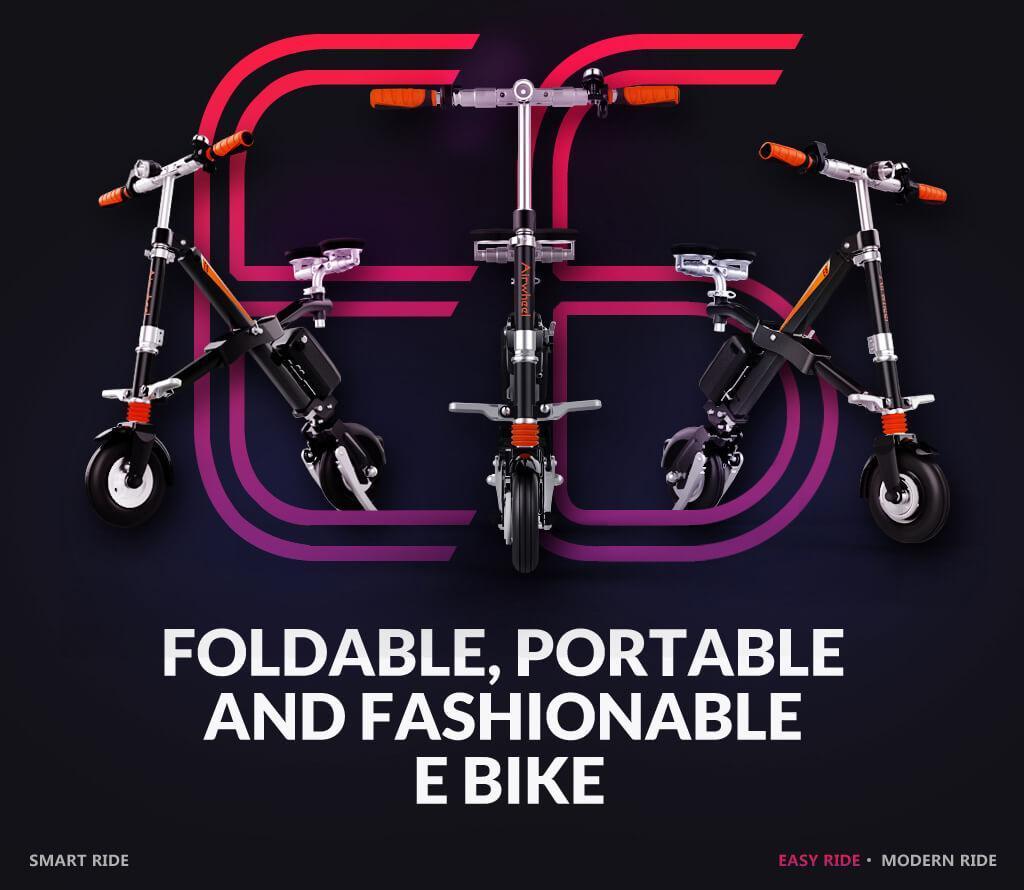 Airwheel E6 folding electric bike, black with orange grips, side and front views on dark background