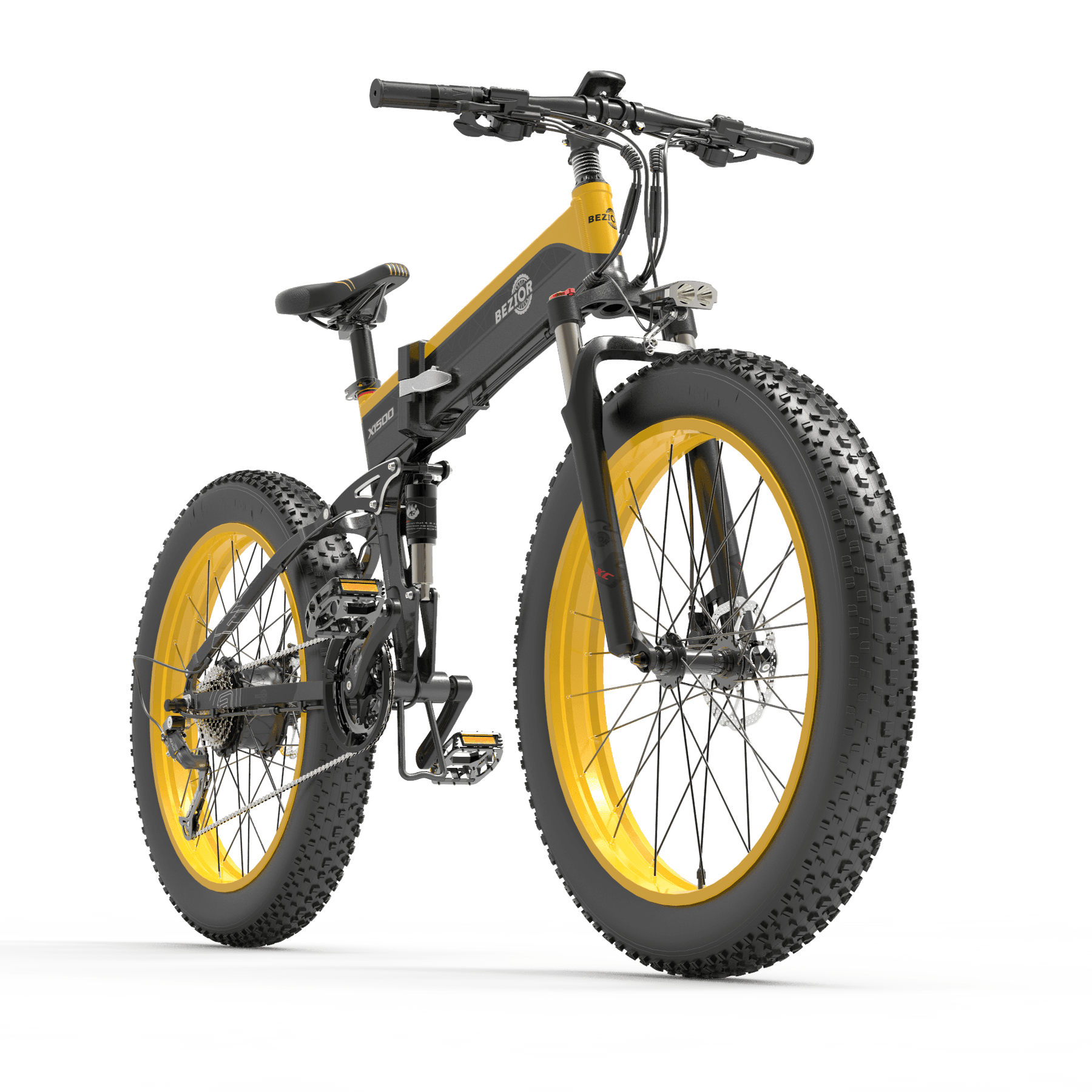 Bezior X1500 mountain electric bike in black and yellow, front side view