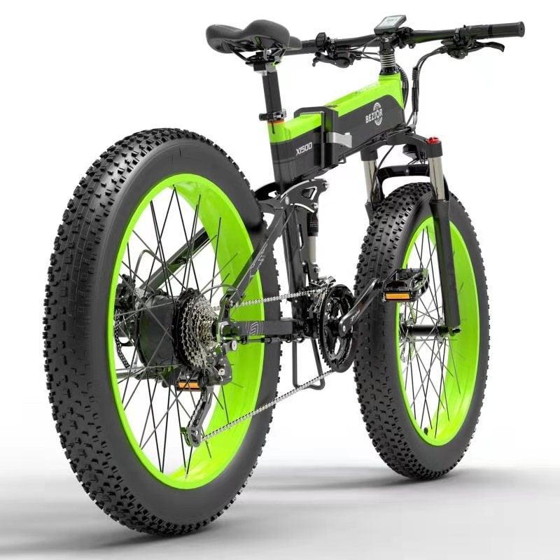 Bezior X1500 mountain electric bike in black and green, rear side view