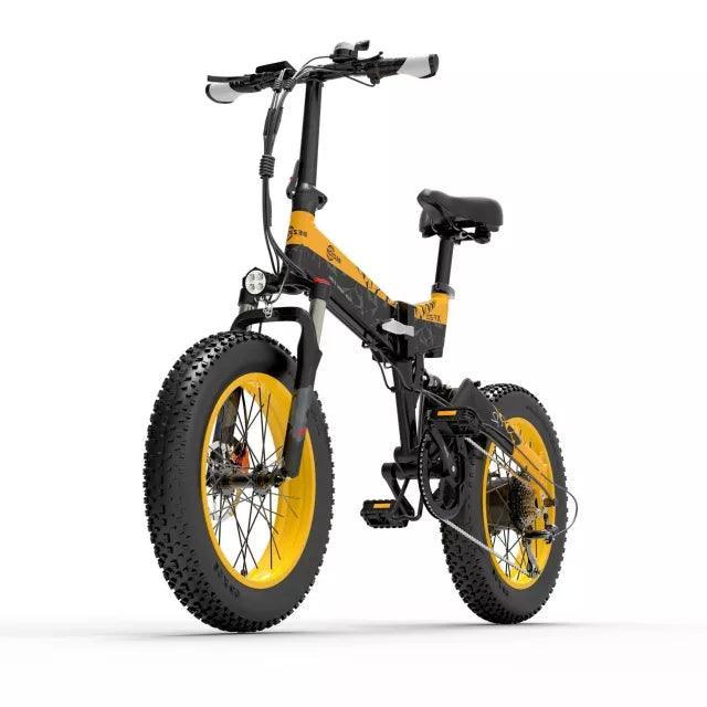 Bezior XF200 electric bike in black and yellow, side angle view with fat tires