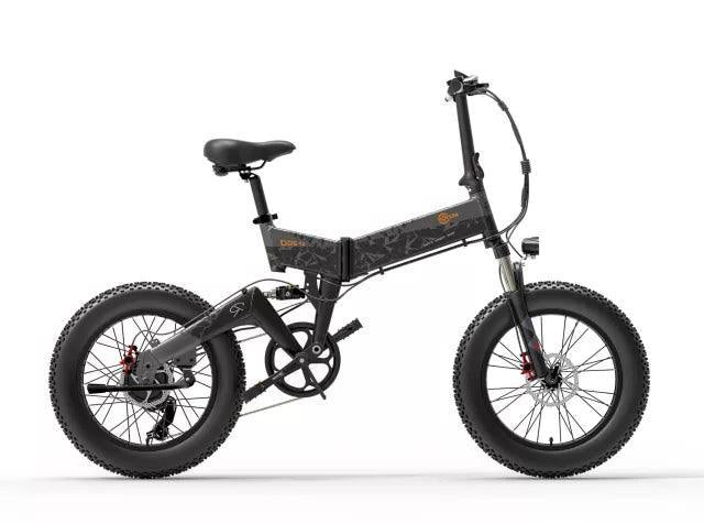 Bezior XF200 electric bike in black, side view with foldable frame and fat tires