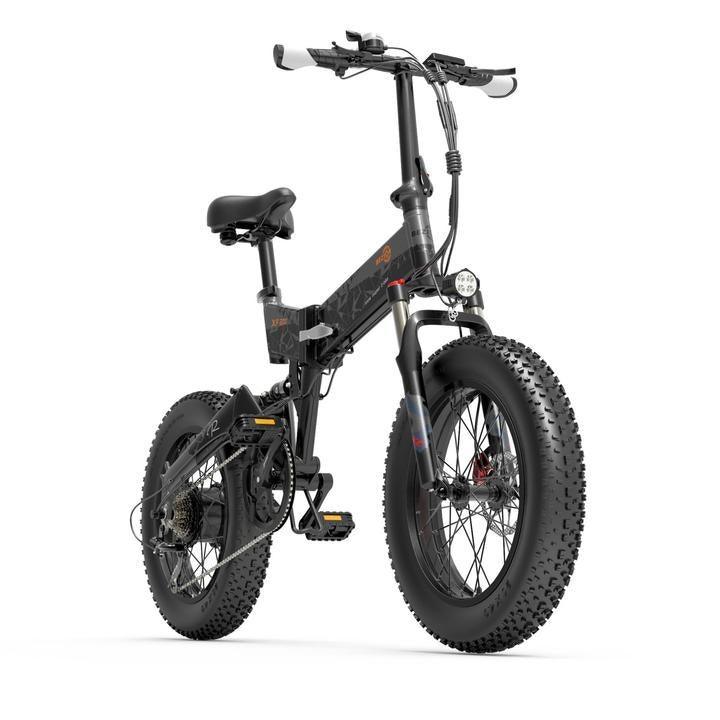 Bezior XF200 electric bike in black, side angle view with fat tires and front suspension