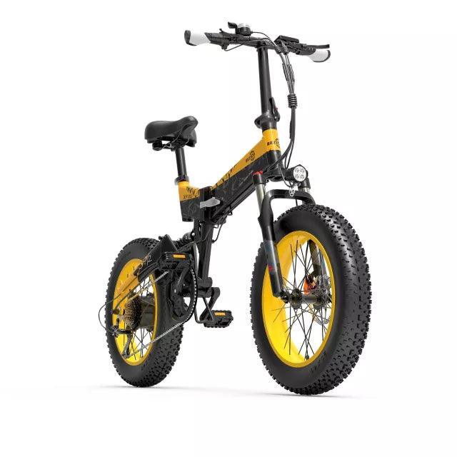 Bezior XF200 electric bike black and yellow, side view with fat tires