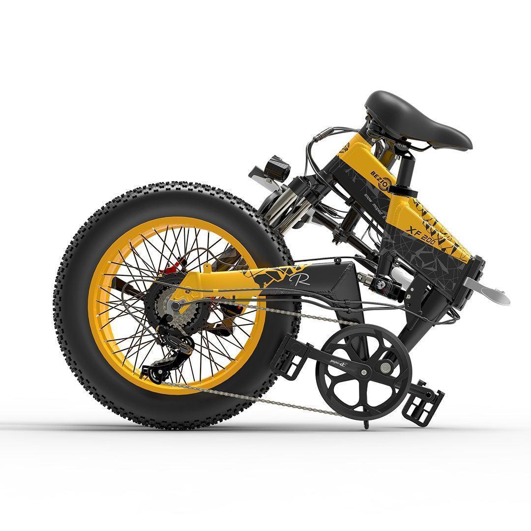 Bezior XF200 electric bike in yellow and black, side view folded for compact storage