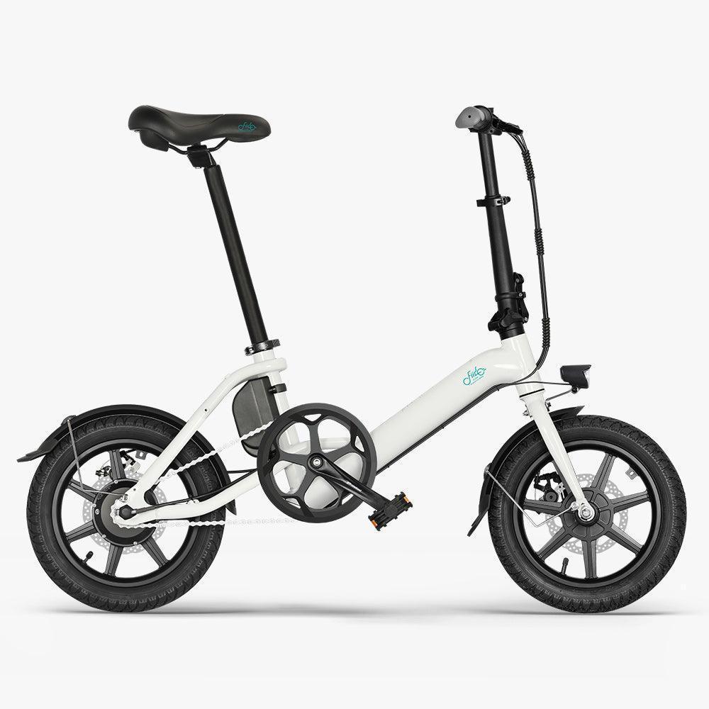 Fiido D3 Pro folding electric bike white side view with mudguard and front light