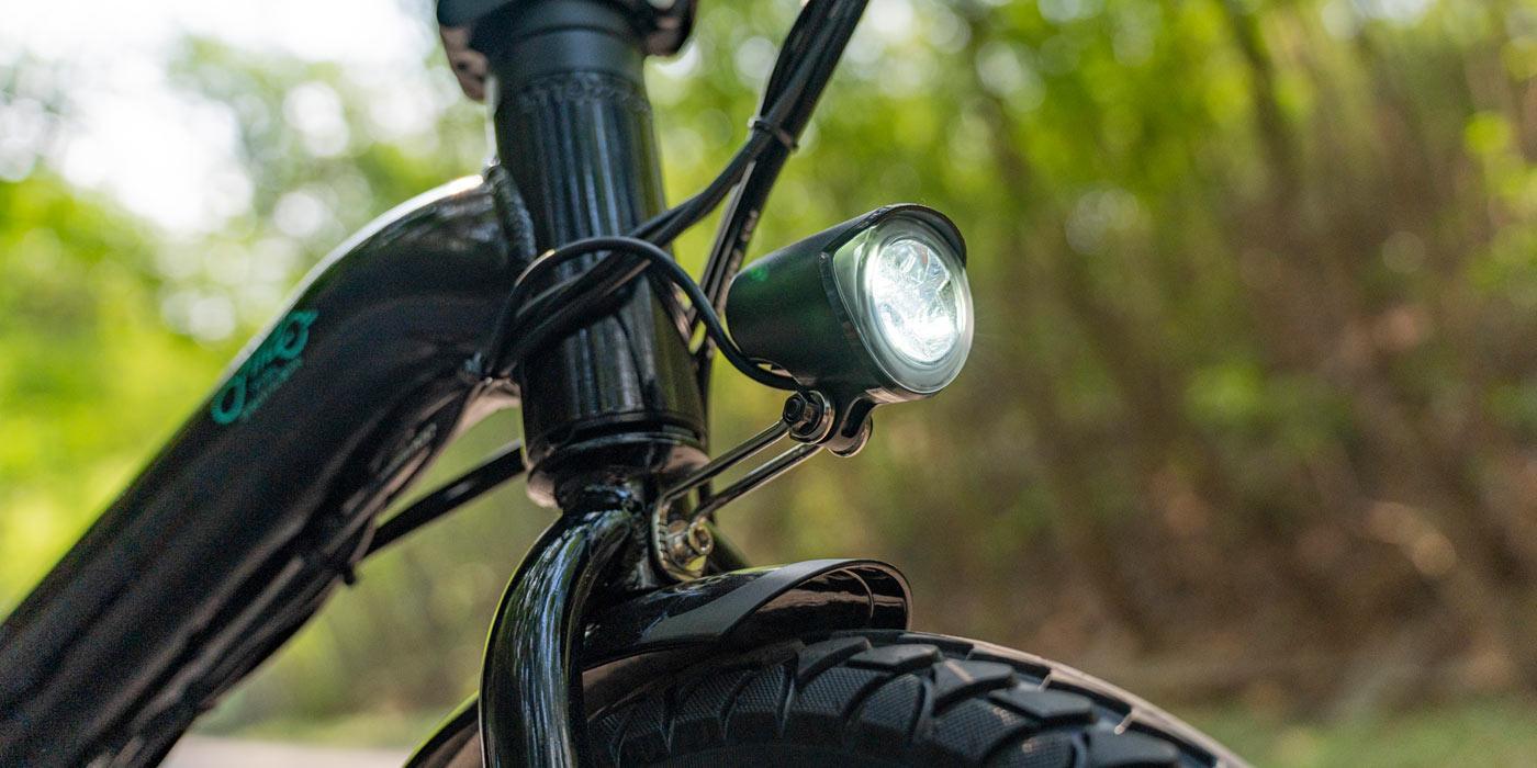 Fiido D3 Pro electric bike front light and mudguard close-up, black frame