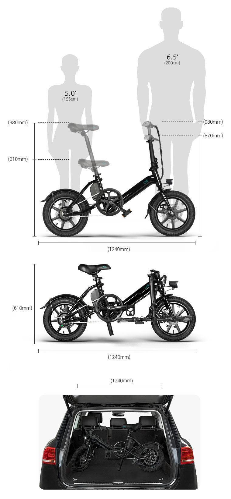 Fiido D3 Pro electric bike black side view with folding design and car trunk storage