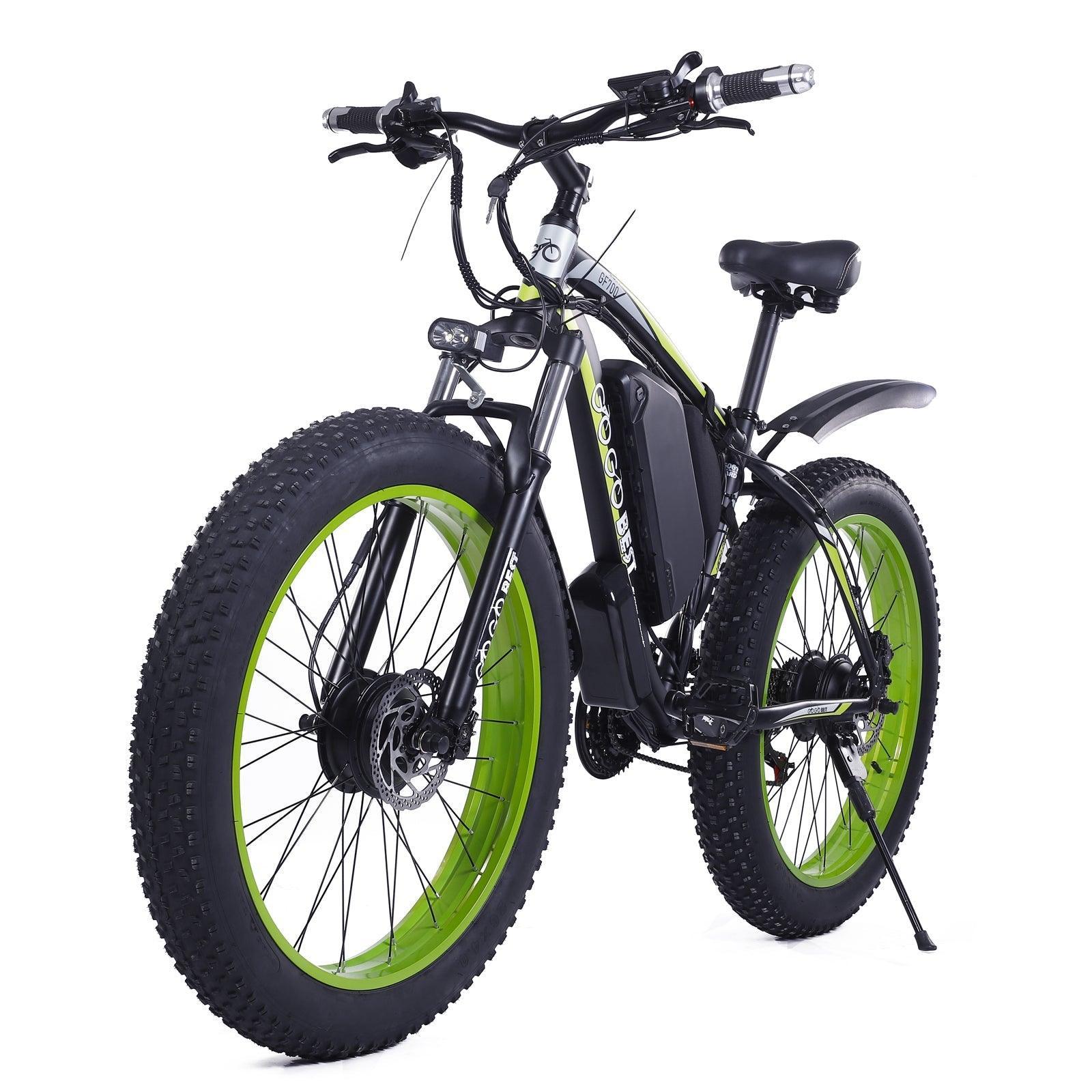 GOGOBEST GF700 electric mountain bike in black with green wheels, side rear view
