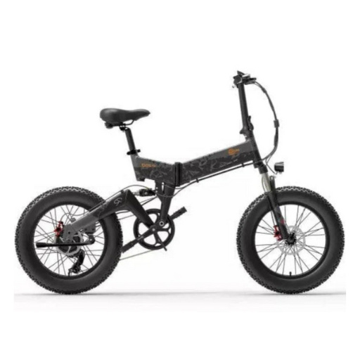 Black folding electric bike side view with fat tires and front suspension