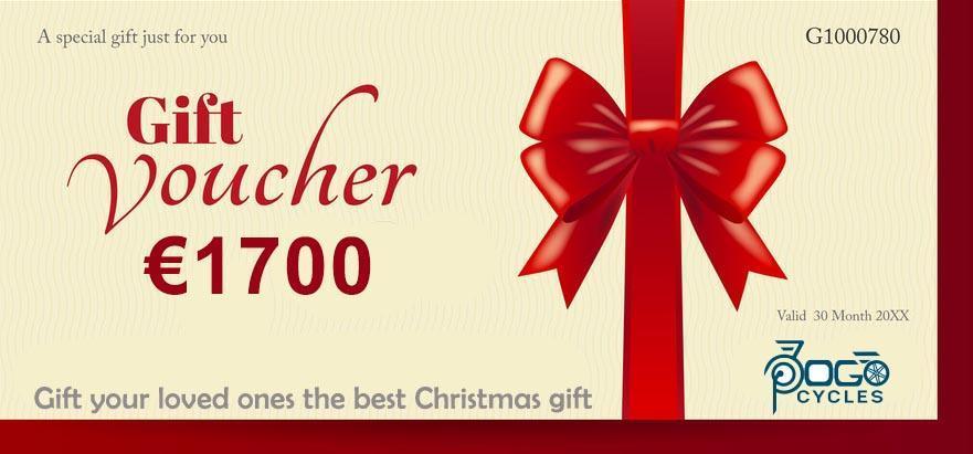 Pogo Cycles Christmas gift voucher card with red ribbon and €1700 value