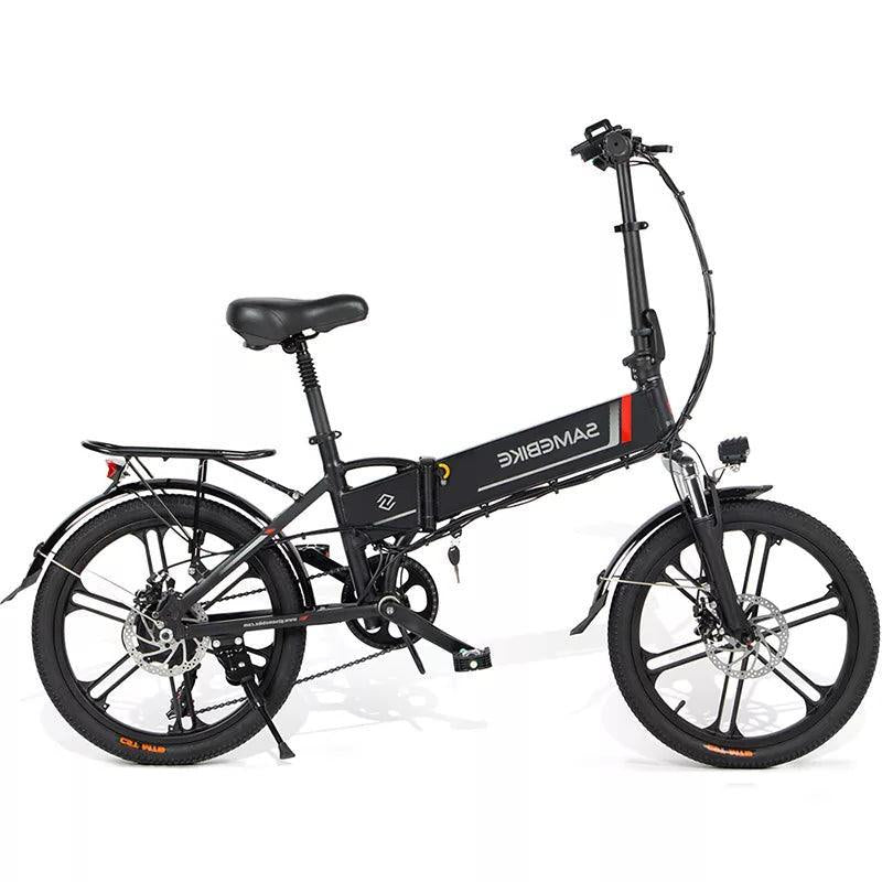 SAMEBIKE 20LVXD30 II electric bike black side view with foldable frame and rear rack