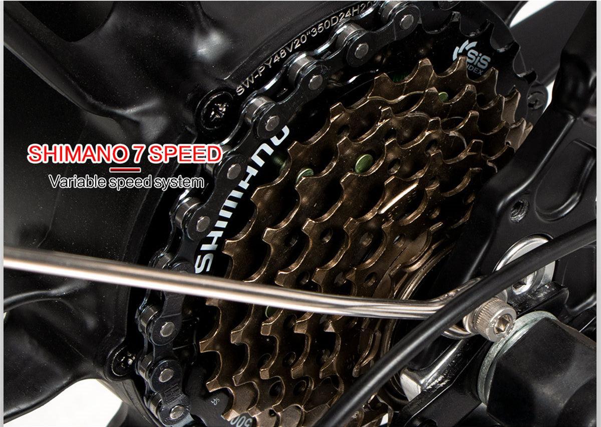 Shimano 7-speed gear cassette close-up on Samebike 20LVXD30 II electric bike