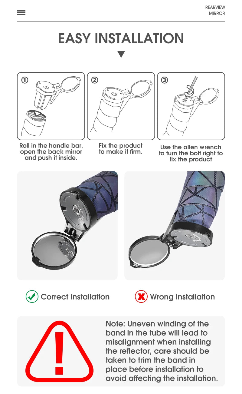 Instructions for installing a rearview mirror with correct and incorrect installation examples.
