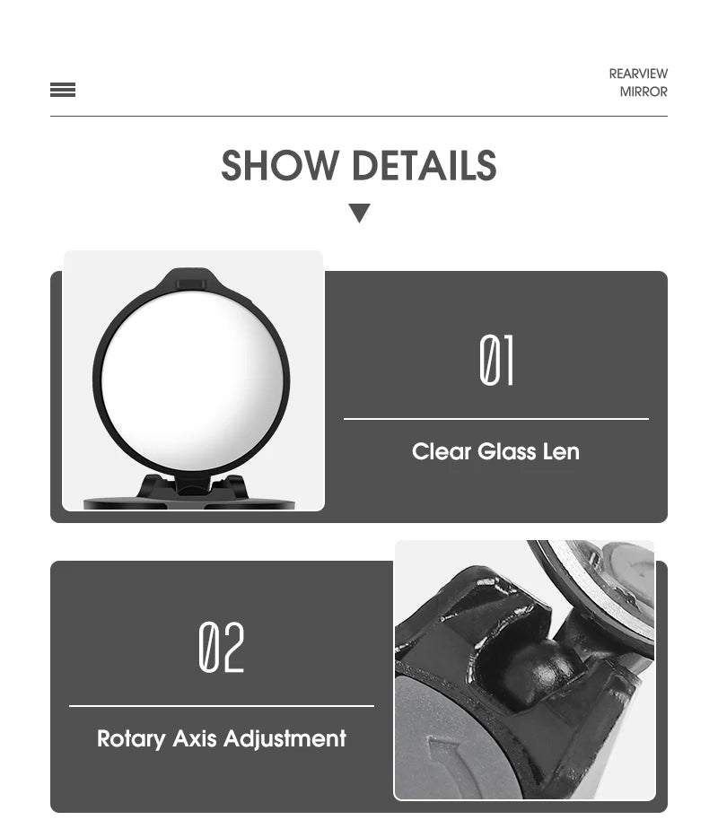 Product details of a west bike rearview mirror with clear glass lens and rotary axis adjustment.